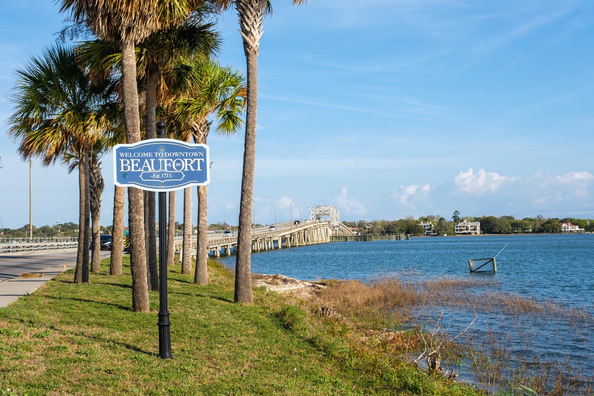 Beaufort, South Carolina welcome sign at the Woods Memorial Bridge and Beaufort River