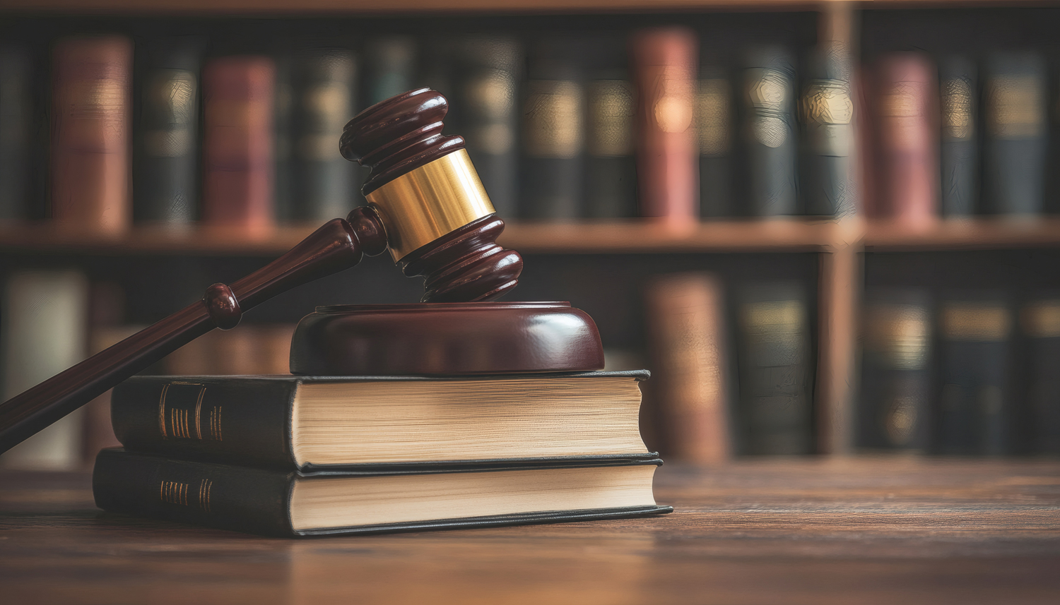 A judge's gavel rests on top of two law books, set on a wooden table against a blurred background of bookshelves.